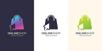 inspiração de design de logotipo de loja on-line. moderno, bolsa de logotipo, on-line, modelo de ilustração de click.design. vetor premium