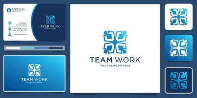 design de logotipo de pessoas abstratas representa trabalho em equipe, diversidade, sinais e símbolos com cartão de visita. vetor