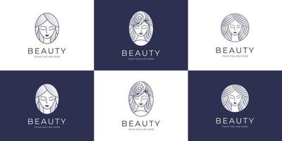 conjunto de design de logotipo de mulheres de beleza feminina. logotipo de corte de cabelo, rosto de beleza elegante, logotipo de marca de beleza. vetor