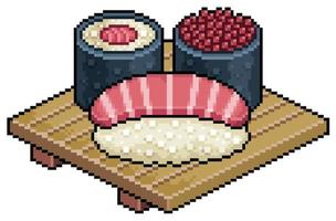 pixel art maguro nigiri, tekka maki e ikura nigiri no ícone de vetor de placa de sushi de madeira para jogo de 8 bits em fundo branco