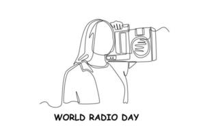 única linha desenhando uma jovem feliz carregando uma caixa de som nos ombros. conceito do dia mundial do rádio. ilustração em vetor gráfico de desenho de desenho de linha contínua.