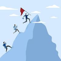 membros da equipe de negócios correm para chegar ao topo da montanha, missão empresarial bem-sucedida, liderança para liderar a equipe para atingir metas, motivação e trabalho em equipe para ter sucesso, desafios para atingir metas vetor