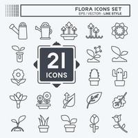 conjunto de ícones flora. relacionado ao símbolo da flora. estilo de linha. ilustração simples. plantar. carvalho. folha. rosa vetor