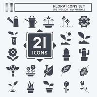 conjunto de ícones flora. relacionado ao símbolo da flora. estilo glifo. ilustração simples. plantar. carvalho. folha. rosa vetor