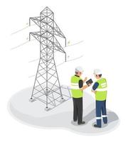 engenheiro elétrico ou inspetor usando tablet inspecionando e mantendo com manutenção de técnico elétrico ou trabalhador em alta torre de transmissão elétrica alta voltagem da usina isométrica vetor