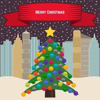 árvore de natal com brinquedos coloridos no fundo da cidade e fita vermelha com as inscrições feliz natal. ilustração vetorial. vetor