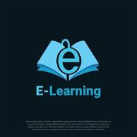 letra de e-learning e como mouse para tecnologia digital ou de computador combinando com livro como aprendizado, e-book ou vetor de design de logotipo de e-learning