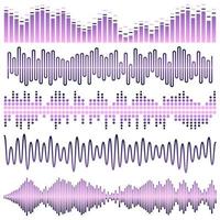 conjunto vetorial de ondas sonoras violetas. equalizador de áudio. ondas de som e áudio isoladas no fundo branco. vetor