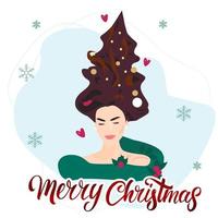 mulher sorridente com luzes de guirlanda mágica no cabelo. design de cartão festivo. letras de feliz natal. ilustração vetorial. vetor