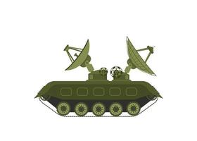 caminhão militar. transporte do exército com antena. aparelhos modernos na cor verde protetora. radar e sistema de detecção. digitalização e reconhecimento. ilustração de desenho animado vetor