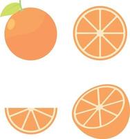 conjunto de design de ilustração plana de desenho animado de fruta laranja. fruta fresca inteira e meia laranja com folhas. frutas de verão para um estilo de vida saudável. vetor