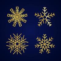 flocos de neve de glitter dourados. conjunto de quatro flocos de neve glitter dourados sobre fundo azul. elementos de decoração de natal e ano novo. ilustração vetorial. vetor