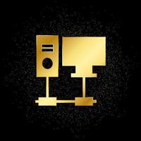 banco de dados, servidor, ícone de ouro do computador. ilustração em vetor de fundo de partículas douradas.