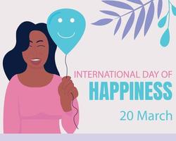 gráfico vetorial de ilustração de uma mulher segurando um balão, perfeito para o dia internacional, dia internacional da felicidade, comemorar, cartão de felicitações, etc. vetor