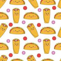padrão perfeito com burritos mexicanos e tacos com caretas em estilo cartoon doodle isolado no fundo branco vetor