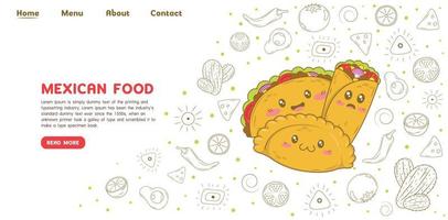 modelo de site de página de destino de tacos e burritos de comida mexicana com elementos de desenho animado doodle vetor