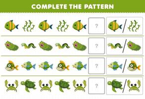 jogo educacional para crianças complete o padrão adivinhando a imagem correta do peixe bonito dos desenhos animados pepino do mar enguia caranguejo tartaruga planilha subaquática imprimível vetor