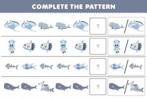 jogo educacional para crianças complete o padrão adivinhando a imagem correta de desenho bonito manta lula beluga peixe-lua peixe-martelo tubarão-martelo planilha subaquática imprimível vetor
