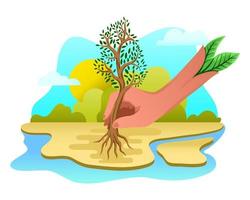 ilustração da mão planta uma árvore para o futuro. movimento de um milhão de árvores vetor