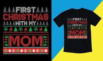 primeiro natal com os designs de mercadorias de natal da minha mãe. letras desenhadas à mão de tipografia de natal para moda de vestuário. citações de religião cristã dizendo para impressão. vetor