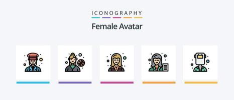 a linha de avatar feminino preencheu o pacote de 5 ícones, incluindo o químico. jogo ao ar livre. lazer. jogador de futebol. gravação. design de ícones criativos vetor