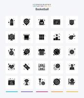 pacote de ícone preto sólido de 25 glifos de basquete criativo, como cronômetro. nba. esporte. chão. quadra vetor