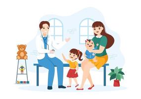 pediatra examina crianças e bebês doentes para desenvolvimento médico, vacinação e tratamento em ilustração de modelos desenhados à mão de desenhos animados planos vetor