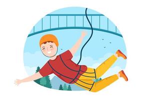 ilustração de bungee jumping com uma pessoa usando uma corda elástica caindo pulando de uma altura no modelo de vetor de esportes radicais de desenho animado plano