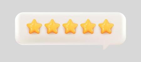 Classificação de bolha 3D cinco estrelas para a melhor classificação de serviços excelentes para satisfação. 3d 5 estrelas para o conceito de feedback de avaliação do cliente de qualidade do funcionário do cliente, revisão do produto. renderização de vetor 3d 5 estrelas