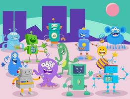 desenhos animados grupo de personagens de fantasia de alienígenas e robôs vetor