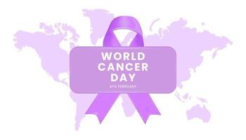 feliz dia mundial do câncer com fita roxa, mapa do mundo e forma de retângulo vetor