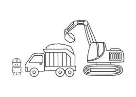 cor desenhada à mão conjunto de construção infantil caminhão basculante com escavadeira e trabalhador da construção civil segurando um mapa vetor