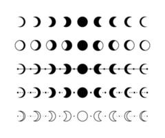 fases da lua silhueta ícones crescentes pretos. fases da coleção de vetores de ícones planos da lua