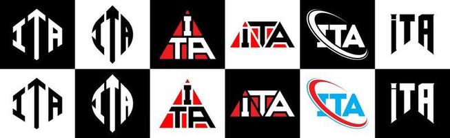 design de logotipo de carta ita em seis estilos. ita polígono, círculo, triângulo, hexágono, estilo plano e simples com logotipo de letra de variação de cor preto e branco definido em uma prancheta. ita logo minimalista e clássico vetor