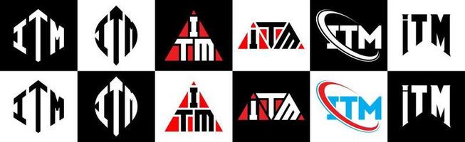 design de logotipo de carta itm em seis estilos. itm polígono, círculo, triângulo, hexágono, estilo plano e simples com logotipo de carta de variação de cor preto e branco definido em uma prancheta. itm logotipo minimalista e clássico vetor