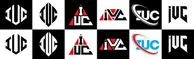 design de logotipo de carta iuc em seis estilos. polígono iuc, círculo, triângulo, hexágono, estilo plano e simples com logotipo de carta de variação de cor preto e branco definido em uma prancheta. iuc logotipo minimalista e clássico vetor