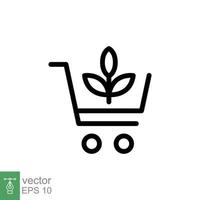 bio, ícone da loja ecológica. estilo de contorno simples. sementes de plantas carrinho de compras de mudas, folha verde, conceito de natureza. ilustração em vetor linha fina isolada no fundo branco. eps 10.