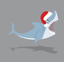 tubarão fofo com boca aberta e chapéu de Papai Noel vetor