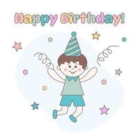 menino bonitinho kawaii com chapéu de festa e confete. texto de feliz aniversário. mão desenhada doodle ilustração. vetor