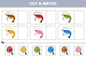 jogo de educação para crianças cortar e combinar a mesma cor de folha de trabalho subaquática imprimível de camarão bonito dos desenhos animados vetor