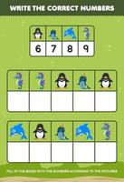 jogo de educação para crianças escreva os números certos na caixa de acordo com o pinguim fofo golfinho narval fotos de cavalos-marinhos na mesa planilha subaquática imprimível vetor