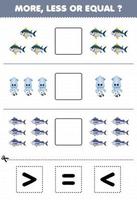 jogo de educação para crianças conte mais menos ou igual a lula de atum dos desenhos animados, em seguida, corte e cole a planilha subaquática de sinal correta vetor