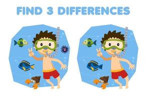 jogo educacional para crianças encontra três diferenças entre dois mergulhadores de desenho animado fofos com peixes e caranguejo eremita planilha subaquática imprimível vetor