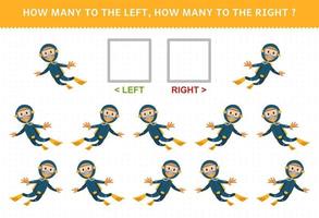 jogo de educação para crianças contando imagens esquerda e direita de um mergulhador de desenho animado fofo planilha subaquática imprimível vetor