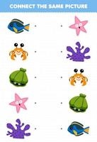 jogo de educação para crianças conectar a mesma imagem de peixe dos desenhos animados casca de caranguejo estrela do mar coral para impressão planilha subaquática vetor
