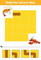jogo de educação para crianças construir a maneira correta de ajudar o camarão bonito dos desenhos animados a se mover para a planilha subaquática imprimível de lagosta vetor