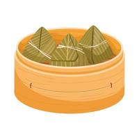 bolinho de arroz chinês envolto por folhas de bambu verde na cesta de vapor de bambu. conceito de festival de barco dragão ou ano novo lunar. ilustração vetorial vetor