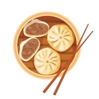 dim sum, bolinhos chineses tradicionais, na cesta de vapor de bambu. vista de cima. ilustração vetorial de comida asiática. vetor