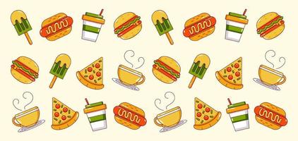 comida e bebida. padrão de ícone de cachorro-quente, hambúrguer, pizza, café e sorvete vetor