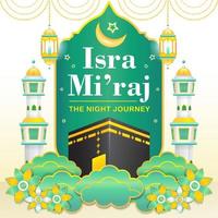 isra miraj, ilustração 3d de kaaba com ornamento floral e nuvens vetor